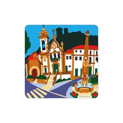 Ilustração de edifícios históricos com fonte e árvores