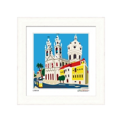 Ilustração colorida de edifícios históricos em Lisboa com moldura branca