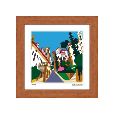 Quadro decorativo com ilustração de rua em Évora, moldura de madeira castanha