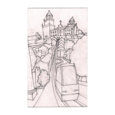 Desenho a lápis de um funicular a subir uma colina em zona urbana com edifícios e árvores.