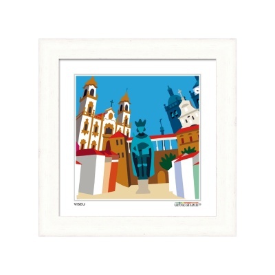 Quadro decorativo com imagem colorida de cidade histórica e escultura