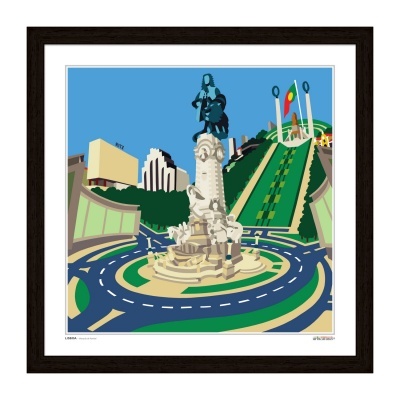 Ilustração digital da Praça Marquês de Pombal em Lisboa com estátua central e edifícios ao fundo