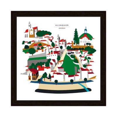 Ilustração estilizada da cidade de Alenquer em quadro com moldura preta