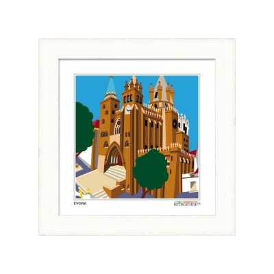 Ilustração digital colorida da catedral de Évora em moldura branca