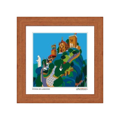 Gravura com ilustração colorida de construções em colina com moldura de madeira