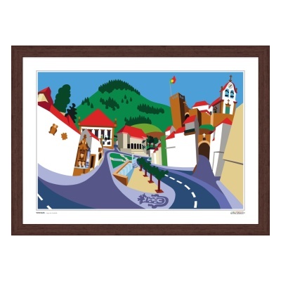 Impressão artística colorida de vila com casas e estrada emoldurada