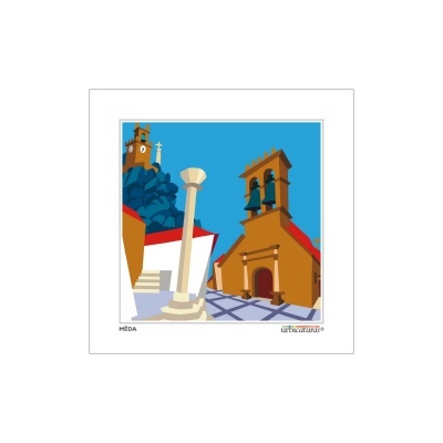 Ilustração digital de praça de Mêda com igreja, coluna e relógio em cores vivas