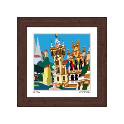 Imagem gráfica colorida de Sintra com elementos arquitetónicos e moldura castanha