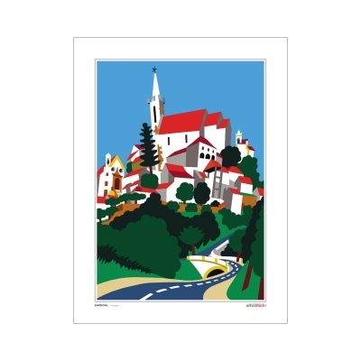 Ilustração de vila com casas brancas e telhados vermelhos, estrada azul e árvores verdes