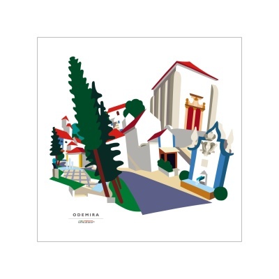 Ilustração colorida de edifícios e árvores em Odemira