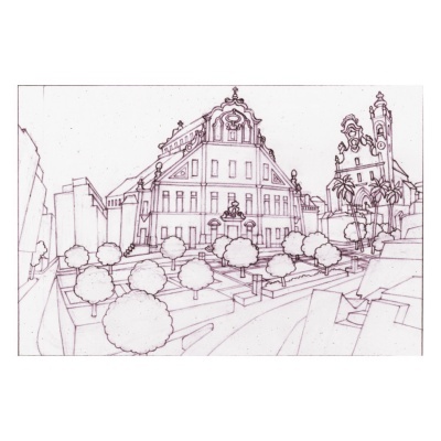 Desenho em linha de edifícios antigos com jardim e árvores arredondadas