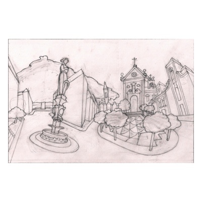 Desenho a lápis de praça urbana com fonte, estátua, árvores e edifícios históricos