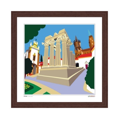 Ilustração de monumento clássico com colunas em moldura de madeira