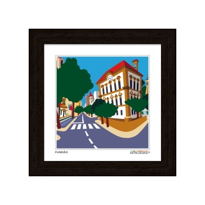 Ilustração colorida de edifício antigo com árvores e estrada em moldura preta