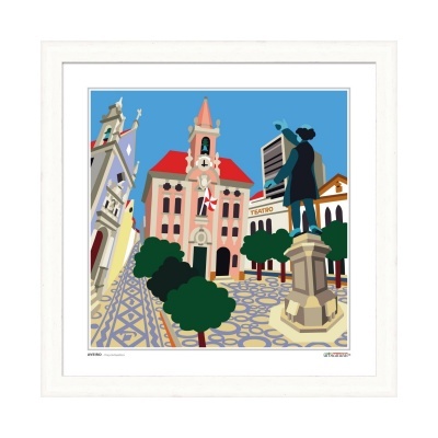 Ilustração colorida de praça urbana com edifícios, árvores e estátua em quadro branco.