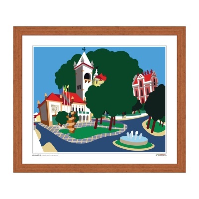 Ilustração colorida de praça com árvores, fonte e edifícios em quadro com moldura de madeira