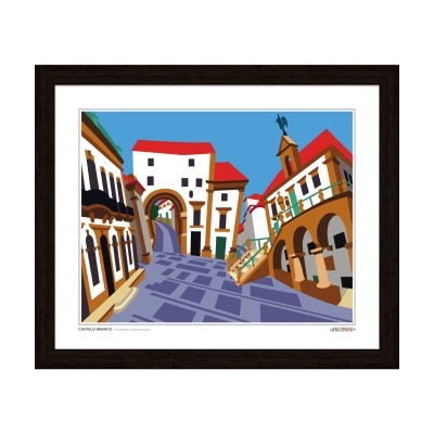 Ilustração colorida de rua inclinada com edifícios brancos e vermelhos e pavimento cinza