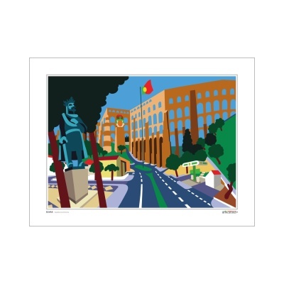 Ilustração digital de rua urbana com estátua, edifícios e bandeira de Portugal