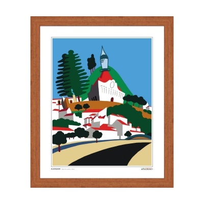 Gravura colorida de igreja e casas em moldura de madeira castanha