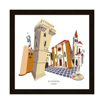 Ilustração colorida dos edifícios históricos de Estremoz em moldura preta