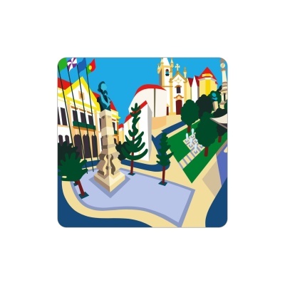 Ilustração colorida de praça com estátua, árvores e edifícios históricos