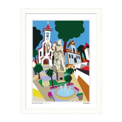 Ilustração colorida de Largo de Santo António em São João da Madeira com edifícios e fonte.
