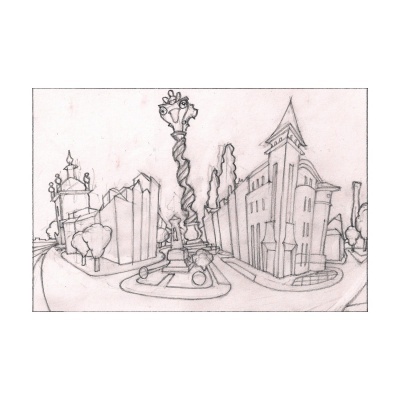 Desenho a lápis de praça com colunas e edifícios