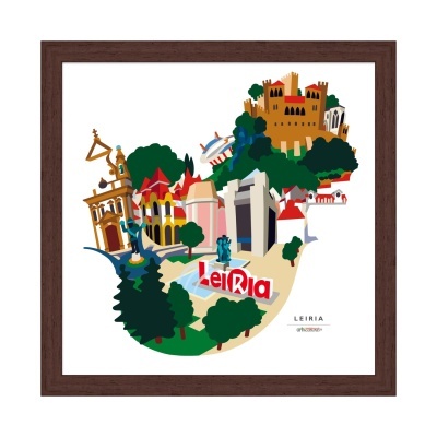 Ilustração colorida de pontos turísticos de Leiria emoldurada
