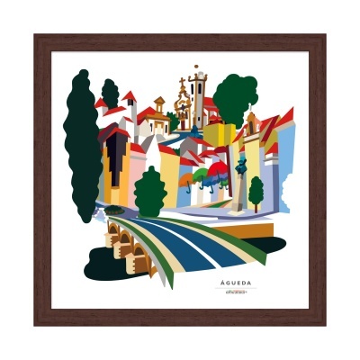 Quandro decorativo com ilustração estilizada da cidade de Águeda em moldura de madeira castanha