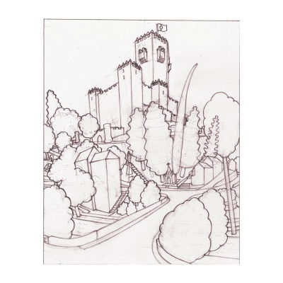 Desenho a preto e branco de castelo medieval rodeado por árvores e edifícios.