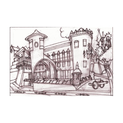 Desenho a lápis de castelo antigo com torres, canhão e figuras religiosas