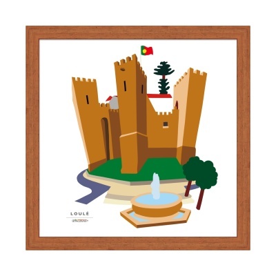Gravura digital do castelo de Loulé com moldura de madeira