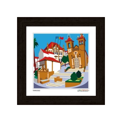 Quadro decorativo com imagem estilizada de edifícios históricos e moldura preta