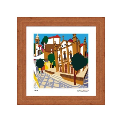 Imagem estilizada colorida de templo histórico com moldura de madeira