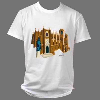 T-shirt branca com estampa de edifício castanho e azul, com texto GUARDa PORTUGAL
