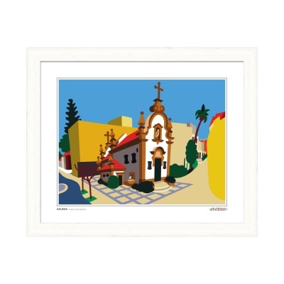 Ilustração colorida de igreja e casas em moldura branca