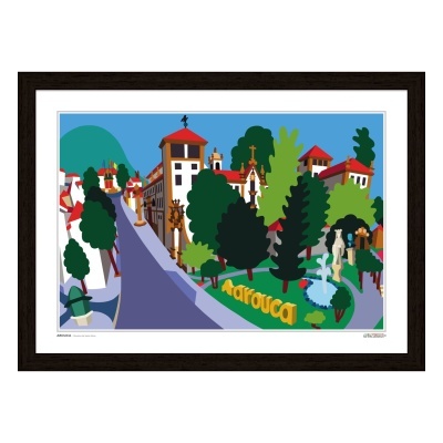 Quadro colorido de vila estilizada com casas, árvores e palavra TAROUCA