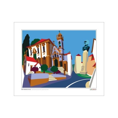 Ilustração digital colorida de praça com igreja, árvores e estátua em pedestal