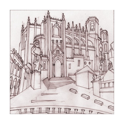 Desenho a lápis de edifício gótico com torres e estátuas