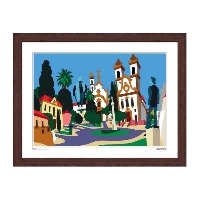 Quadro com ilustração gráfica de igreja e edifícios coloridos em paisagem urbana.