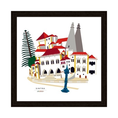 Ilustração estilizada de edifício histórico com telhados vermelhos e chaminés cinzentas num quadro com moldura preta