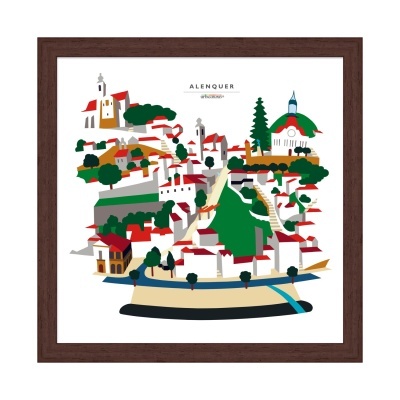 Ilustração da cidade de Alenquer em moldura de madeira