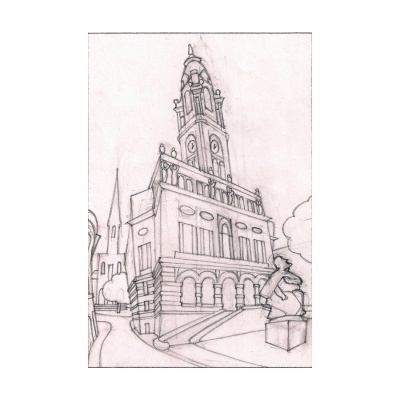 Desenho a lápis de um edifício histórico com torre de relógio e estátua de cavaleiro