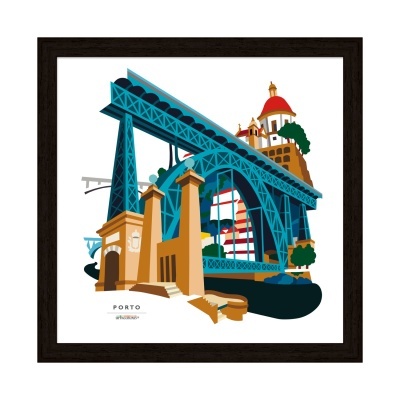 Ilustração artística emoldurada com tema da cidade do Porto