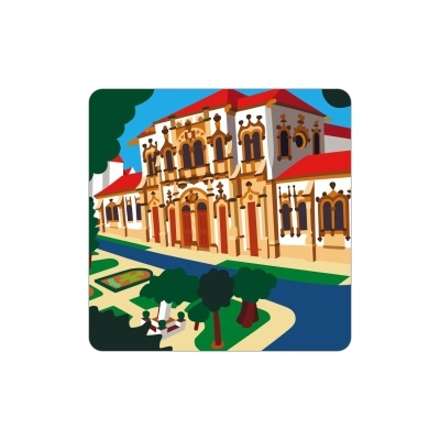 Ilustração de edifício histórico com jardim em frente