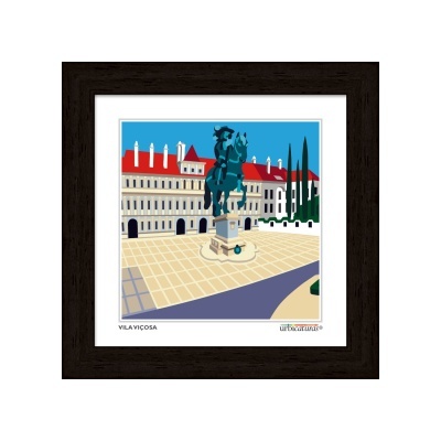 Quadro digital da praça principal de Vila Viçosa com estátua e edifício de telhado vermelho