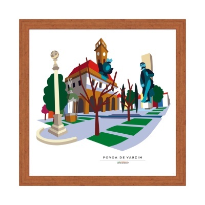 Ilustração colorida de paisagem urbana da Póvoa de Varzim em moldura de madeira