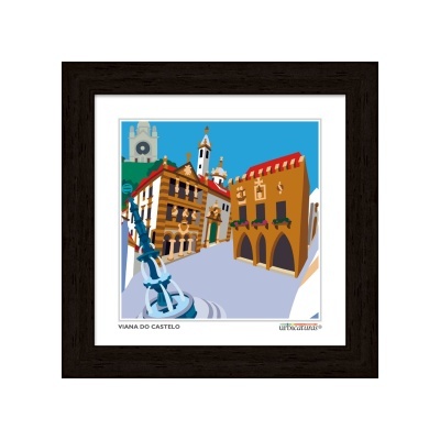 Quadro com imagem estilizada de Viana do Castelo com edifícios coloridos e fonte azul