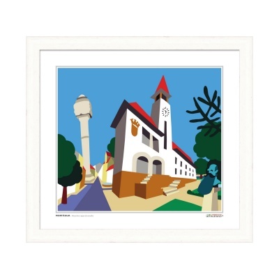 Ilustração digital de praça com edifício e torre de relógio em moldura branca