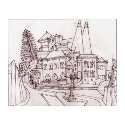 Desenho a lápis preto de edifícios urbanos com chaminés altas e árvores